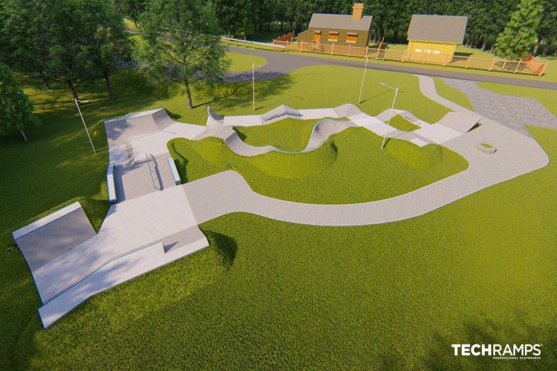 Betonowy skatepark z rampami, poręczami i snakerunem przy ul. Kąpielowej w Krakowie