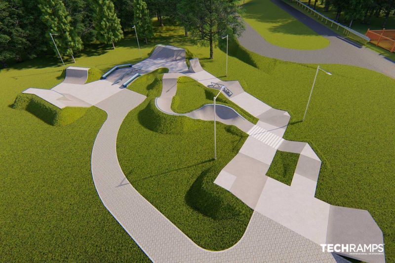  Projekt skateparku z rampami, poręczami i snakerunem w Krakowie.